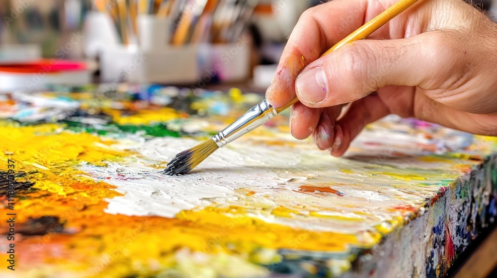 A close-up of a hand using a brush on a colorful artist's palette.