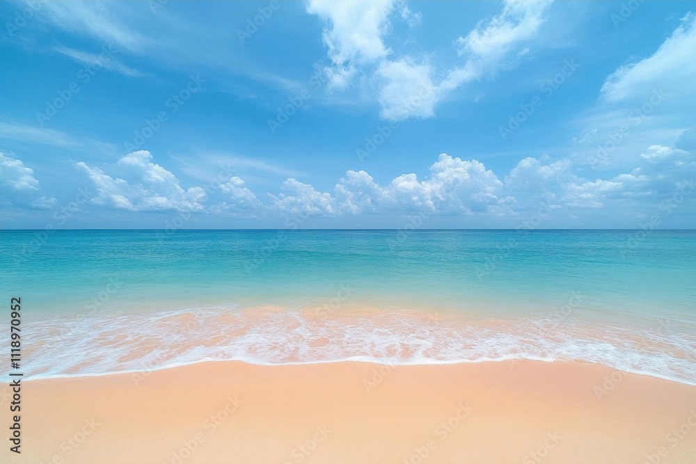 Serene beach scene with turquoise water and soft clouds overhead. Serene beach scene with turquoise water and soft clouds overhead.