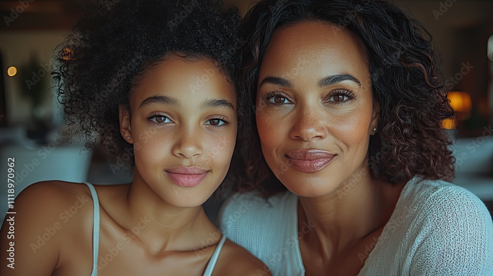 Close-up of an African American woman and her daughter sitting side-by-side, interacting in a calm setting Close-up of an African American woman and her daughter sitting side-by-side, interacting in a calm setting
