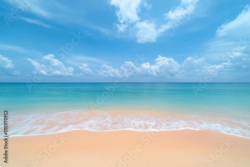 Serene beach scene with turquoise water and soft clouds overhead.