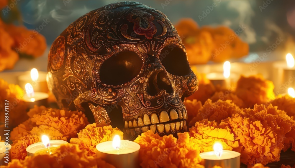 A decorated skull surrounded by marigolds and candles for celebration. A decorated skull surrounded by marigolds and candles for celebration.