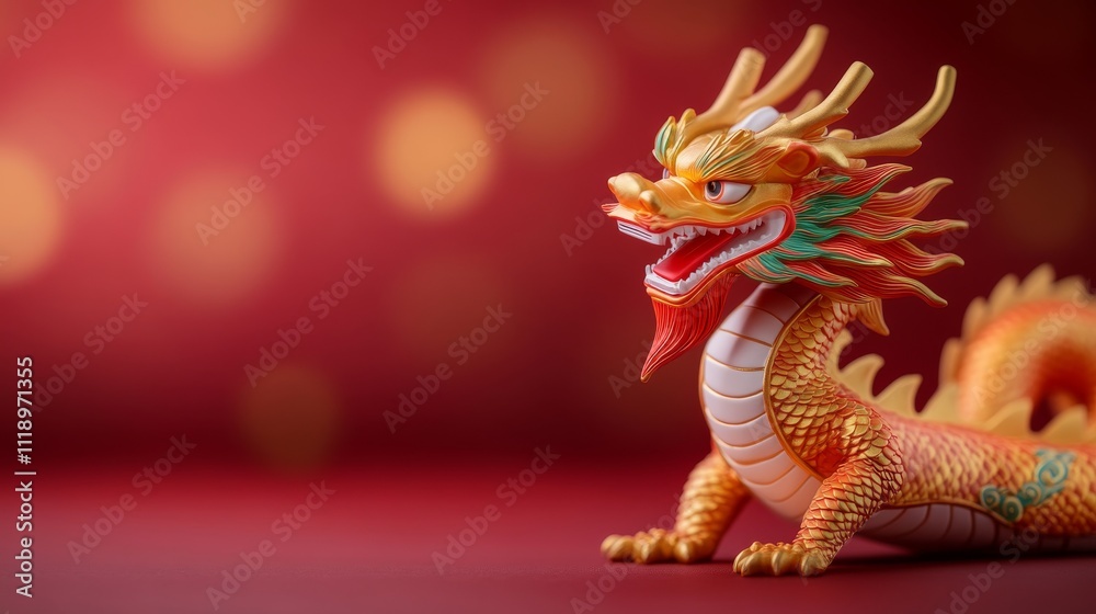 Fototapeta premium Vibrant Golden Chinese Dragon Figure on Red Background