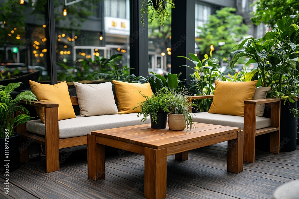 Fototapeta premium Elegant Minimalist Outdoor Patio with Cozy Seating and Lush Greenery, Perfect for Relaxation and Entertaining in a Modern Urban Setting