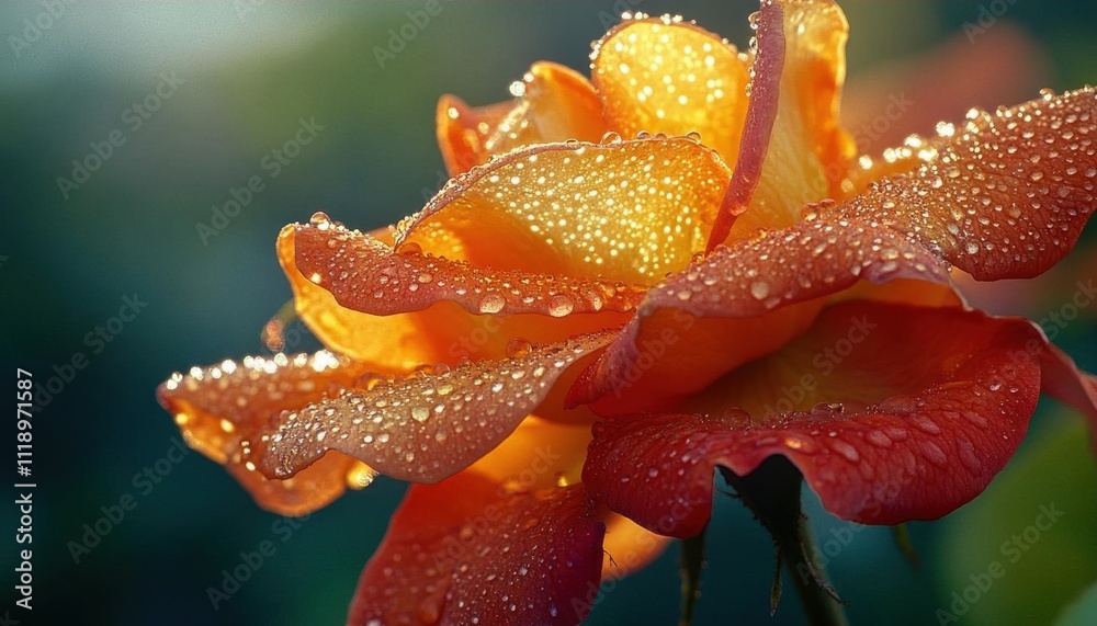A close-up of a vibrant orange rose with dewdrops glistening. A close-up of a vibrant orange rose with dewdrops glistening.