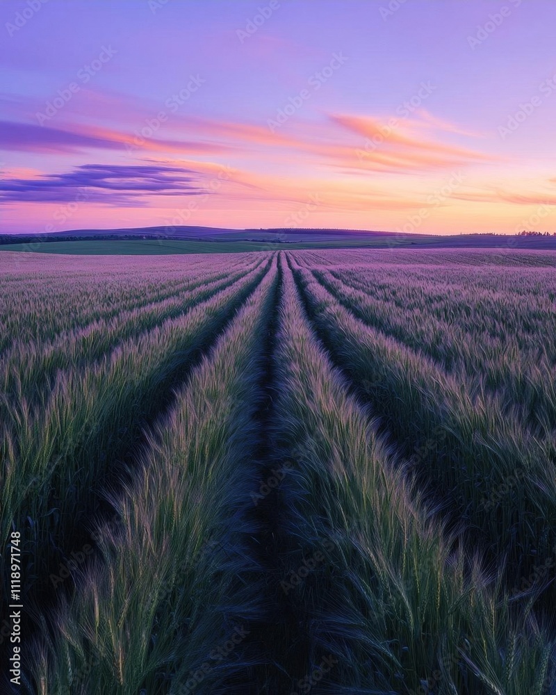 Serene landscape at sunset with fields and vibrant skies. Serene landscape at sunset with fields and vibrant skies.