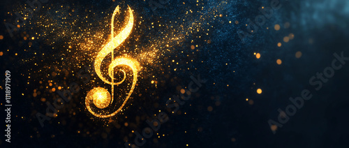 G clef made of golden sparkles on dark background.