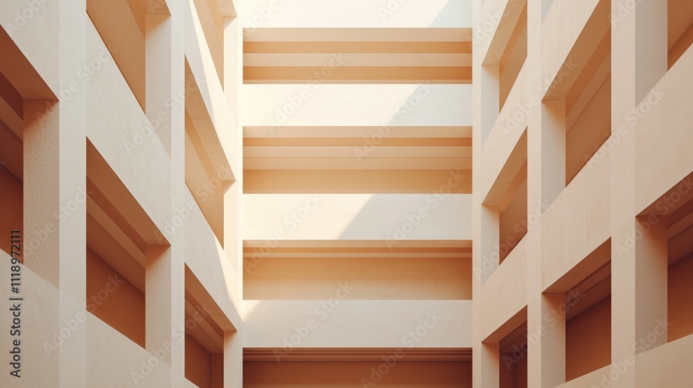 A minimalist architectural space with soft light illuminating the warm-toned walls and structured openings. A minimalist architectural space with soft light illuminating the warm-toned walls and structured openings.