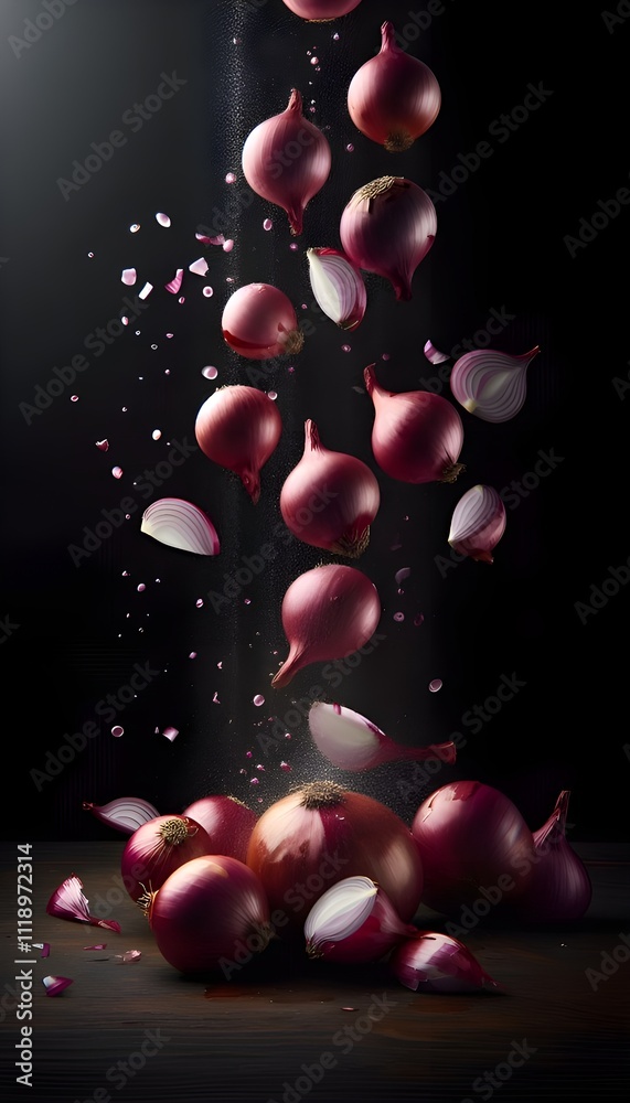 Red Onions Falling and Sliced on Dark Wood Red Onions Falling and Sliced on Dark Wood