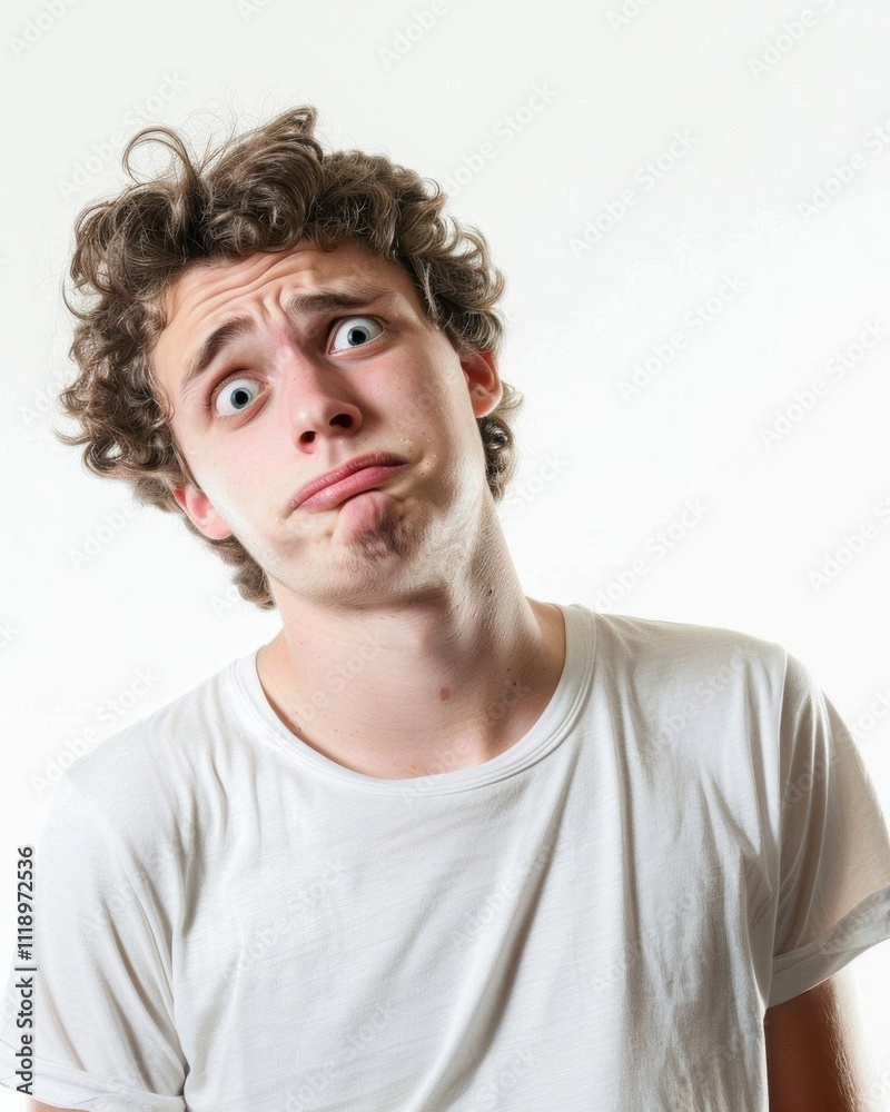 A young man making a funny face with curly hair against a plain background. A young man making a funny face with curly hair against a plain background.