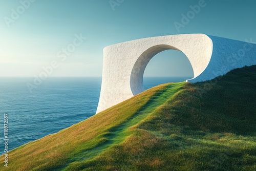 Archway in Minimalist Landscape with Soft Morning Light and Clear Blue Sky