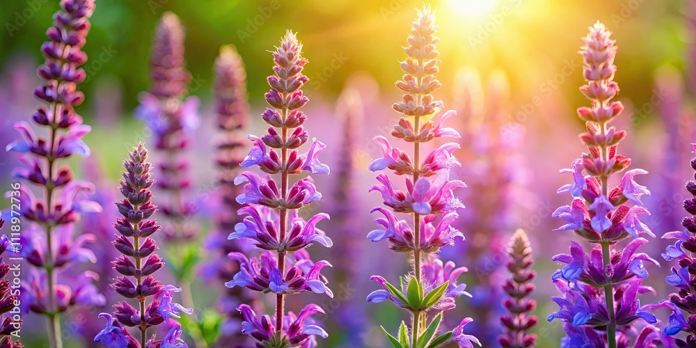 Obraz premium Close-up of vibrant sage flowers in bloom, sage, herb, leaves, close-up, nature, plant, botanical, purple, lavender, blooming