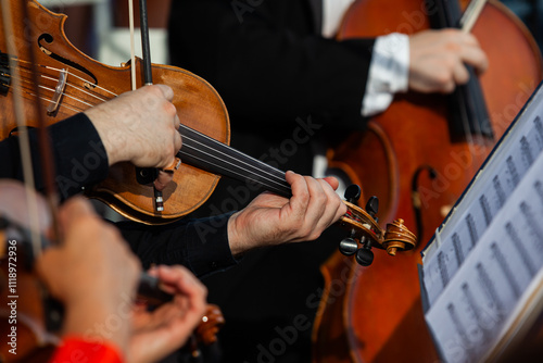  Viola in the hands of a musician in a symphony orchestra