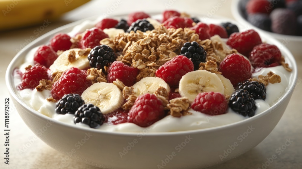 Creamy yogurt parfait with raspberries, blackberries, banana slices, and granola. Creamy yogurt parfait with raspberries, blackberries, banana slices, and granola.