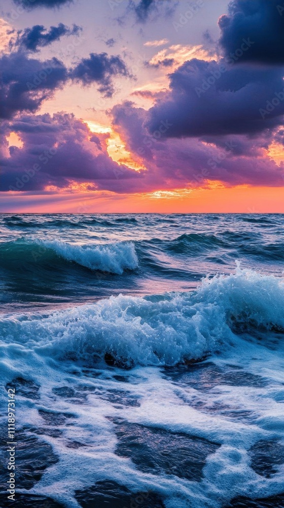 A vibrant sunset over turbulent ocean waves, capturing nature's beauty. A vibrant sunset over turbulent ocean waves, capturing nature's beauty.
