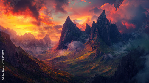 A dramatic mountain landscape with jagged peaks