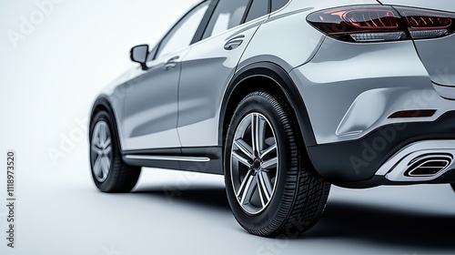 Close-up shot of a silver car on a white background, leaving room for copy space, in a clean, modern concept
