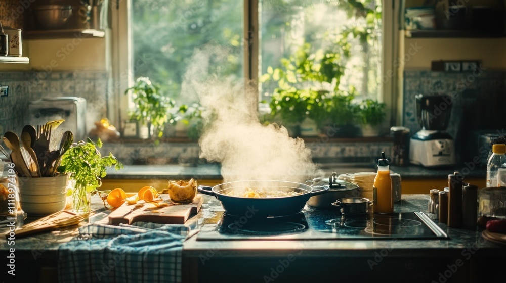 A cozy kitchen scene with steaming food, plants, and cooking utensils. A cozy kitchen scene with steaming food, plants, and cooking utensils.