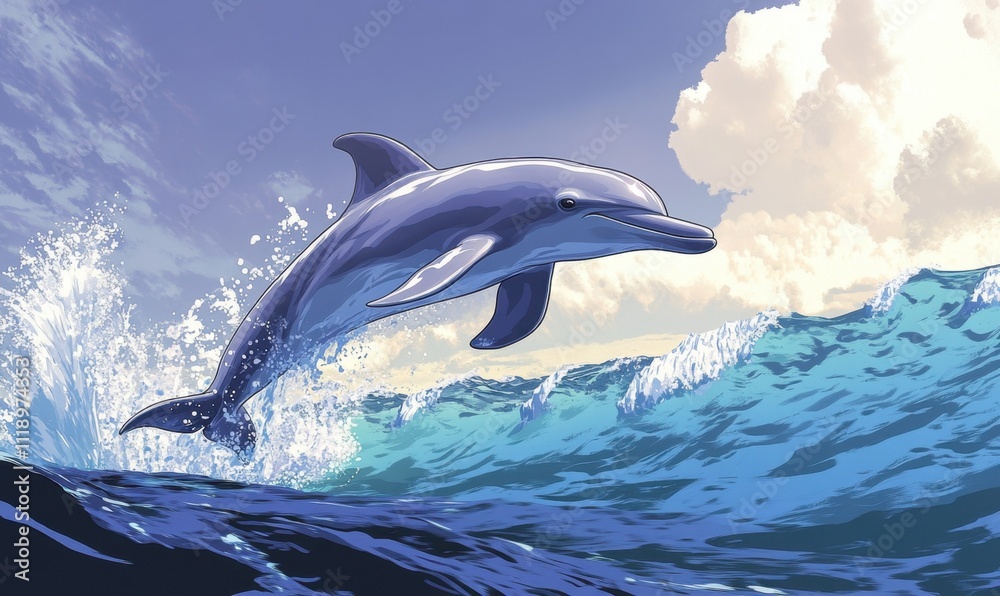 Fototapeta premium A dolphin gracefully leaps above ocean waves under a bright sky.