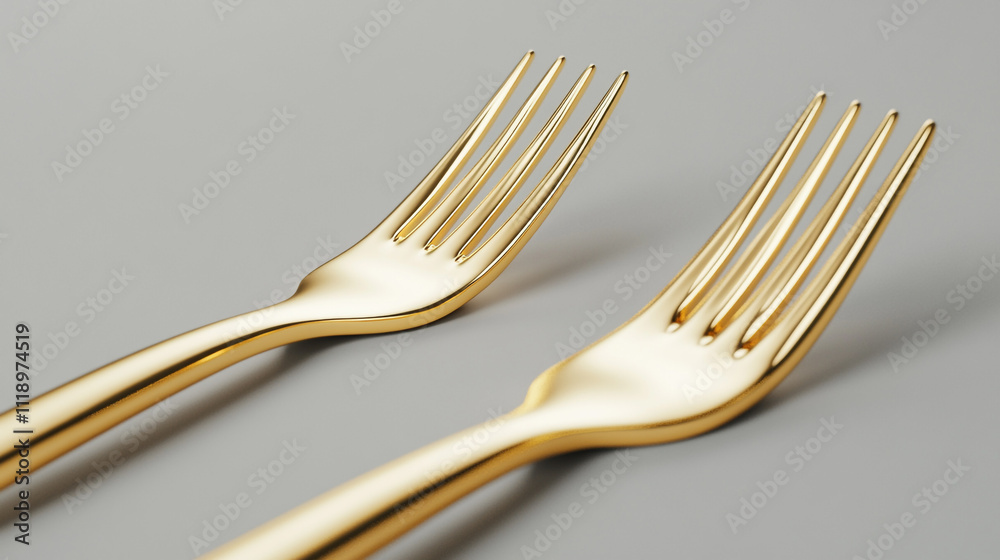 Elegant gold forks placed on a neutral background for sophisticated dining experience Elegant gold forks placed on a neutral background for sophisticated dining experience