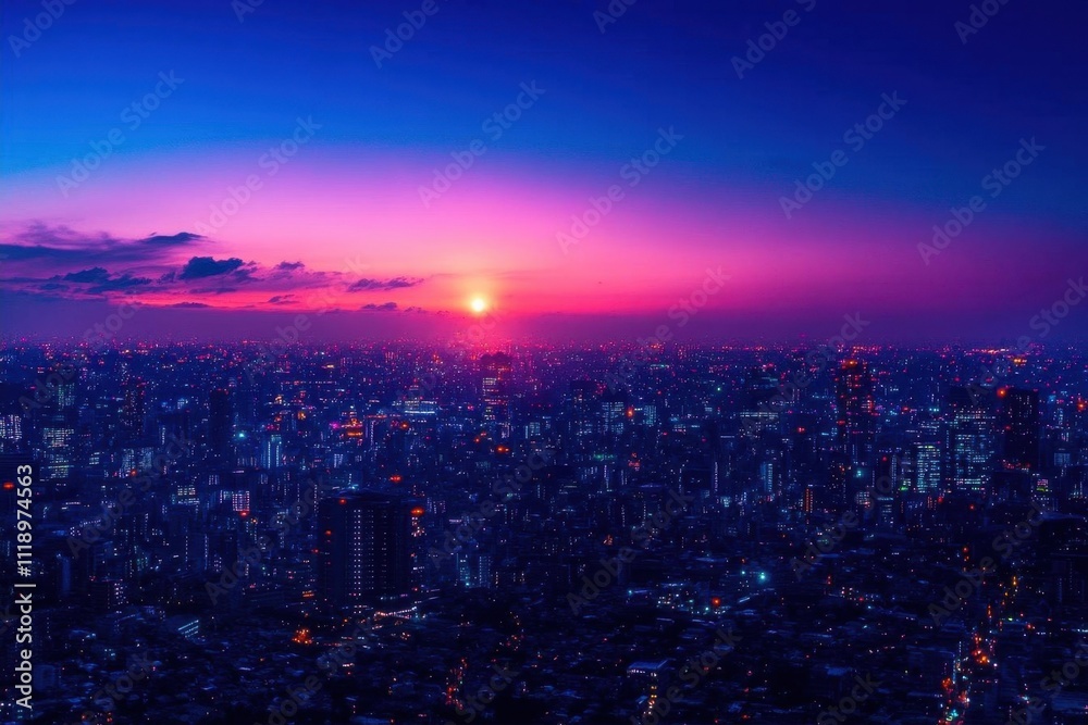 Fototapeta premium A stunning cityscape at sunset, showcasing vibrant colors and lights.