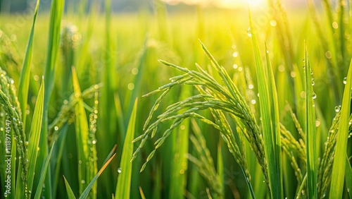 Fresh green rice plants with dewdrops in an organic agricultural field of India, Asia, green, rice, plant, dewdrops, organic
