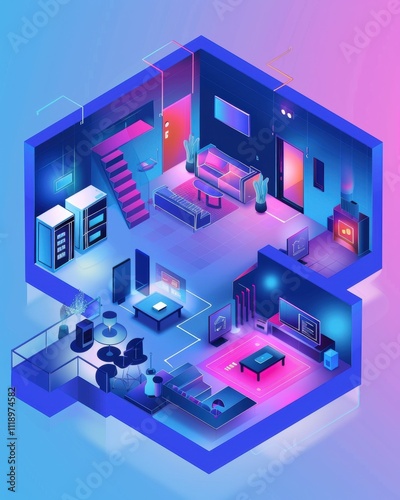 A colorful, modern isometric interior design of a stylish home.