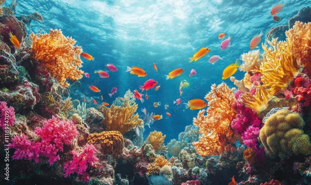 Naklejka premium Vibrant underwater scene with colorful coral reefs and fish.