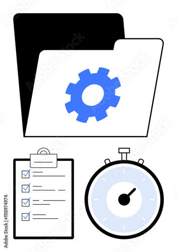 Folder with blue gear checklist with check marks stopwatch. Ideal for productivity, task management, organization, efficiency, workflow, project planning, time tracking. Line metaphor