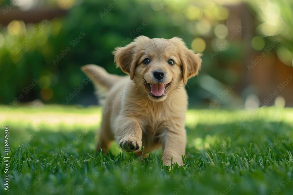 A playful puppy running on grass, showcasing joy and liveliness. A playful puppy running on grass, showcasing joy and liveliness.