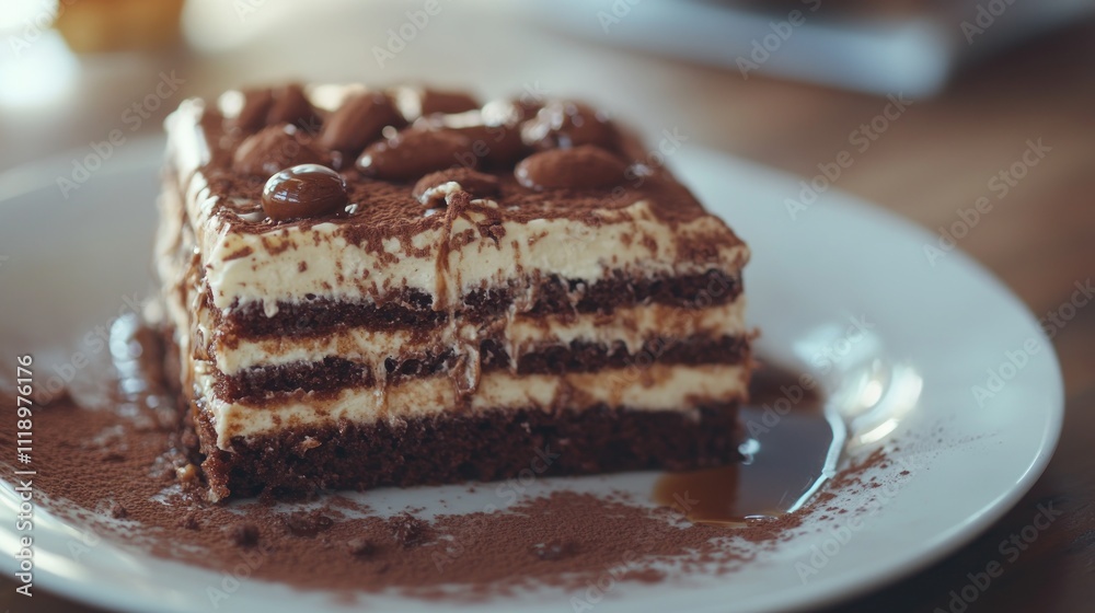 Delicious tiramisu dessert on a white plate, layered with cocoa powder, cream, and chocolate, garnished with almonds. Delicious tiramisu dessert on a white plate, layered with cocoa powder, cream, and chocolate, garnished with almonds.