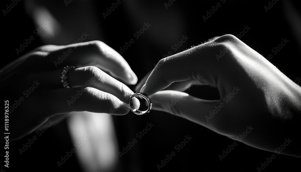 A close-up of hands exchanging a wedding ring in black and white. A close-up of hands exchanging a wedding ring in black and white.