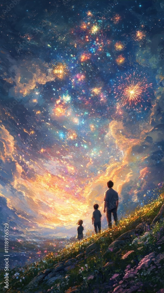 Three figures gaze up at a vibrant, cosmic sky filled with stars. Three figures gaze up at a vibrant, cosmic sky filled with stars.
