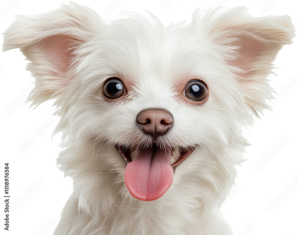 White fluffy puppy with pink tongue out, joyful expression White fluffy puppy with pink tongue out, joyful expression