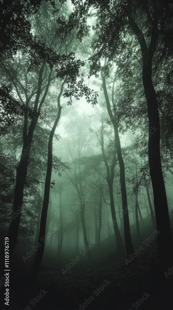 A misty forest scene with tall trees and a serene atmosphere. A misty forest scene with tall trees and a serene atmosphere.