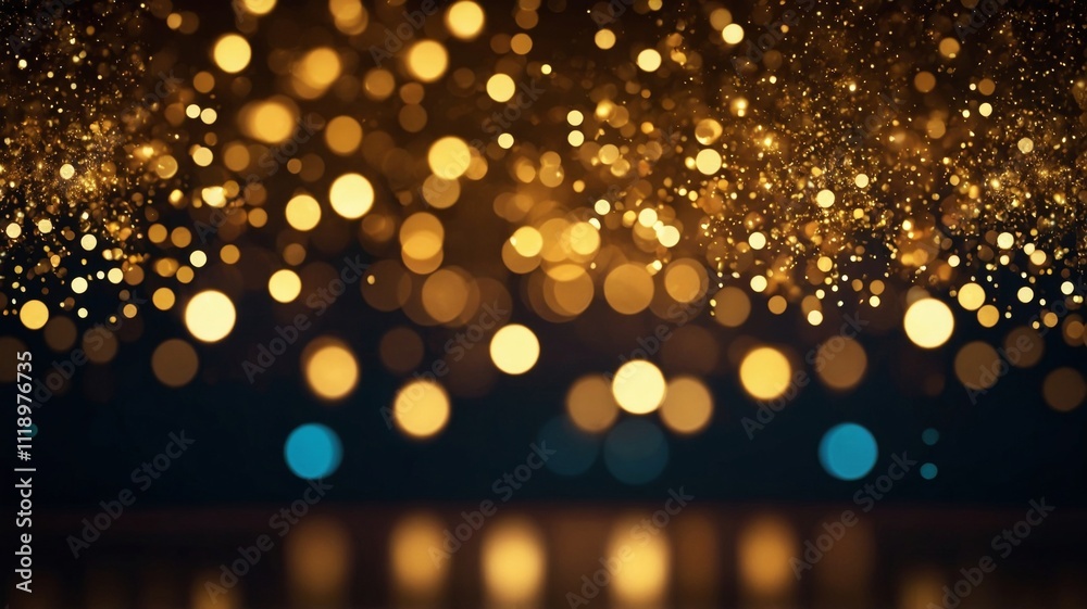 Golden bokeh lights creating a shimmering effect in a dark background during a festive celebration at night Golden bokeh lights creating a shimmering effect in a dark background during a festive celebration at night