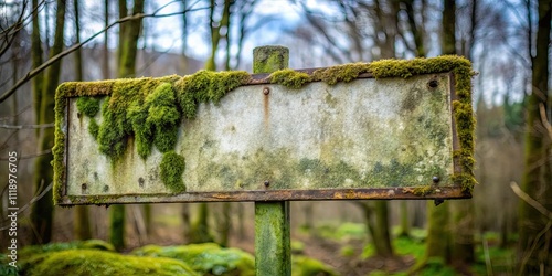 Creepy peeling abandoned moss-grown sign , spooky, eerie, weathered, decay, forgotten, overgrown, worn, spooky, haunted
