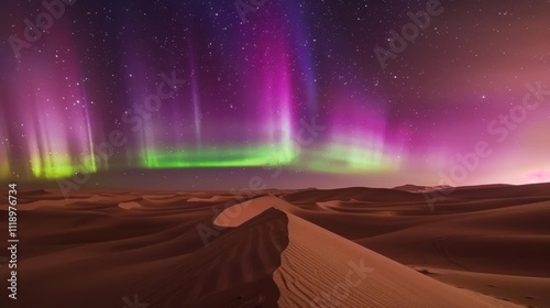 A stunning desert landscape illuminated by vibrant auroras.