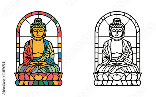 Meditating Buddha Flat Color Vector in Stained Glass Style on White Background