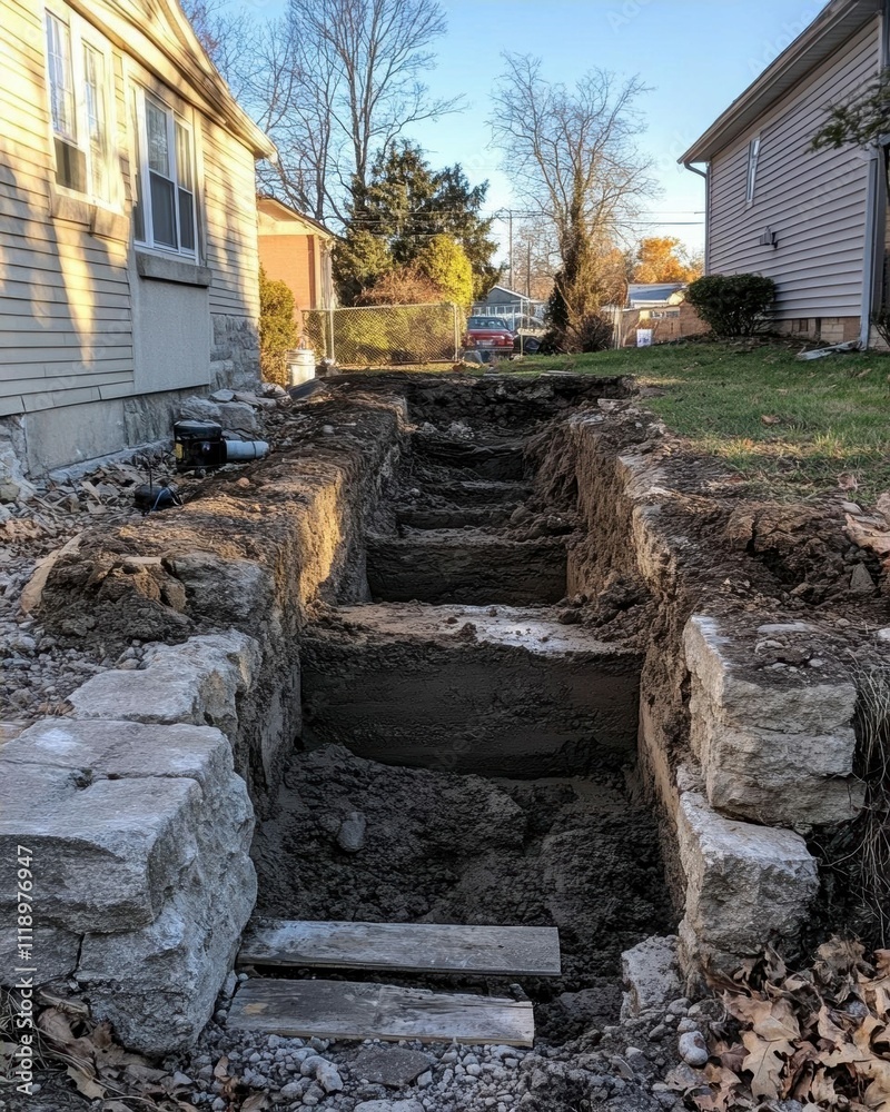 A dug trench with stone walls, likely for landscaping or drainage. A dug trench with stone walls, likely for landscaping or drainage.