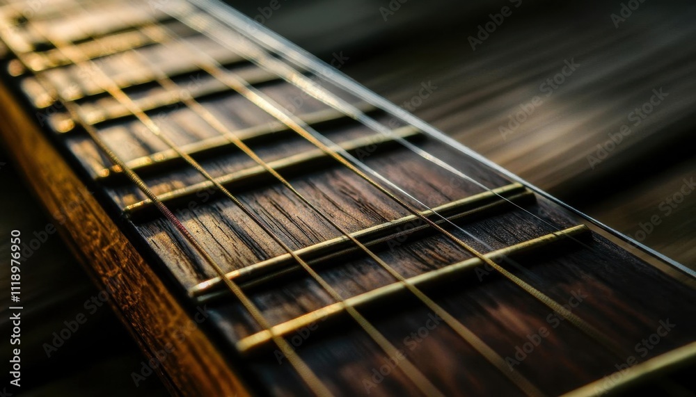 Close-up of a guitar neck showcasing strings and wood grain details. Close-up of a guitar neck showcasing strings and wood grain details.