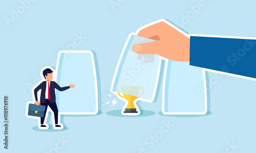 A businessman stands next to a row of glasses and watches a hand opening a glass containing a trophy, illustration of observing and analyzing competitor to become a leading company