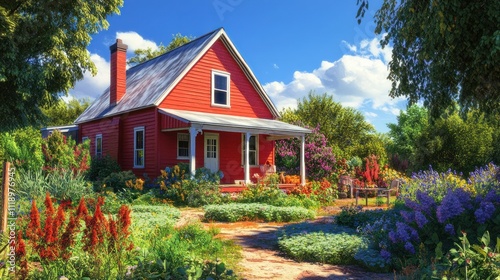 Charming red cottage nestled in a vibrant, flowering garden on a sunny day.