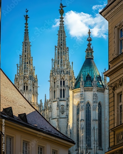 A stunning view of ornate church spires against a blue sky.