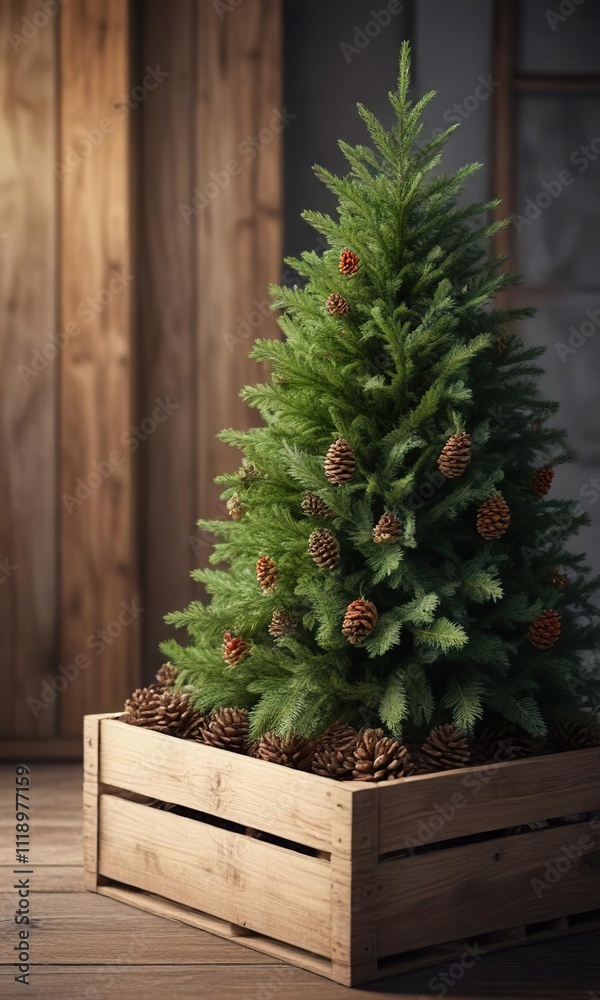 Fir Christmas tree in a wooden crate with evergreen branches and pinecones, wooden crate, rustic charm Fir Christmas tree in a wooden crate with evergreen branches and pinecones, wooden crate, rustic charm
