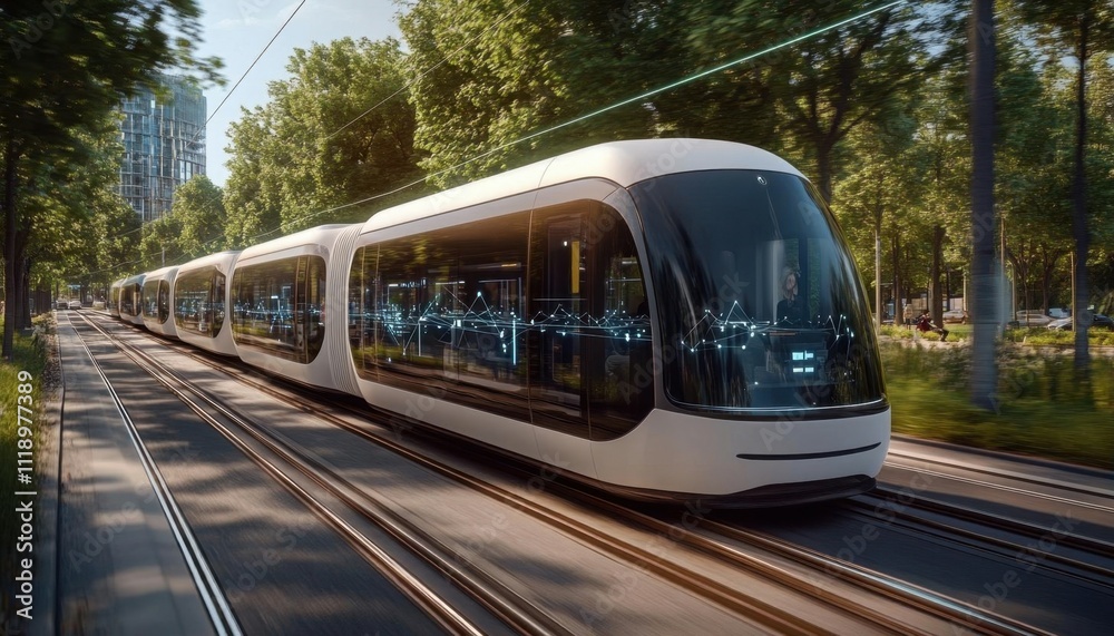 A futuristic tram gliding through a green urban landscape. A futuristic tram gliding through a green urban landscape.