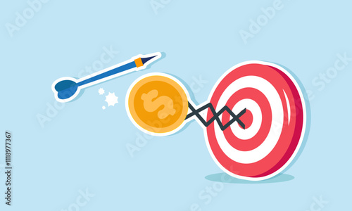 A punching machine with a dollar coin on a target board hits an arrow, illustration of preventing and altering business targets based on financial management