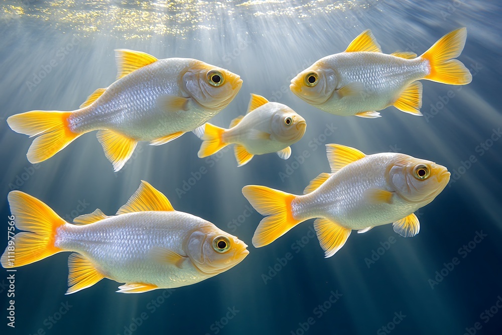 Fototapeta premium Golden Fish Swim Underwater Sunlight Beams