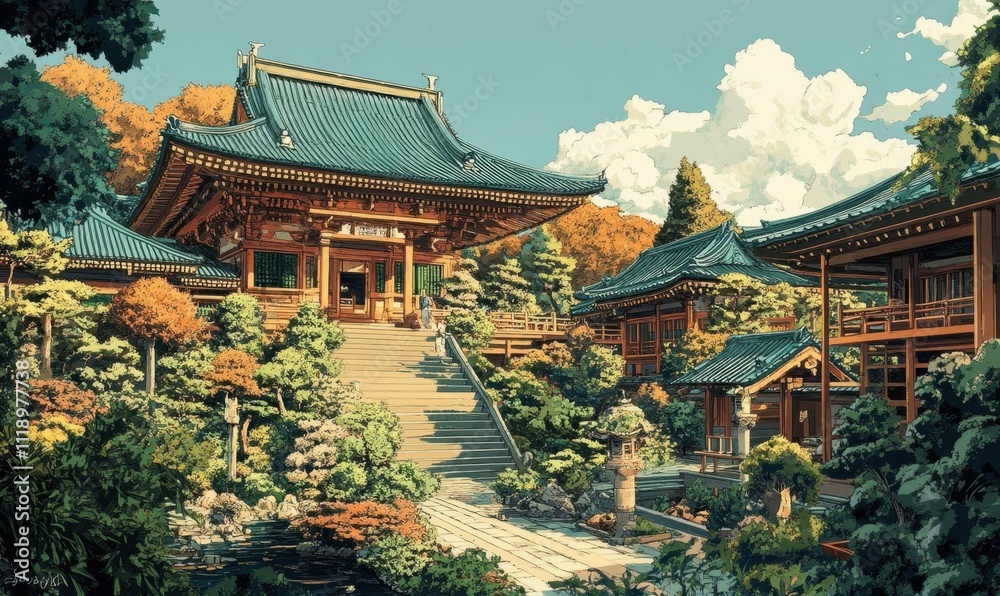 Serene traditional architecture surrounded by lush gardens and trees. Serene traditional architecture surrounded by lush gardens and trees.