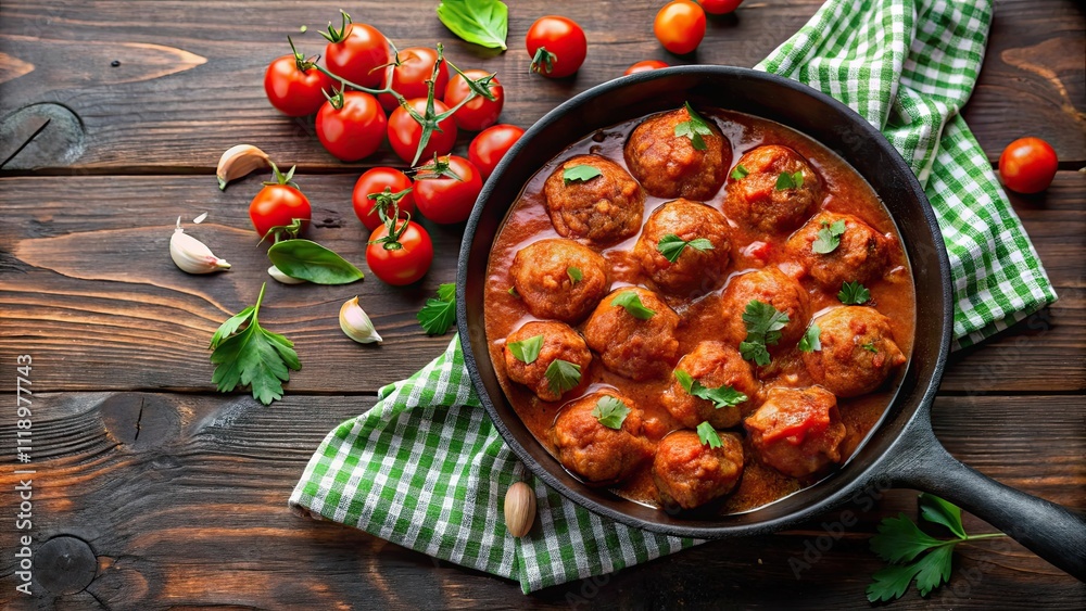 Meatballs with tomato sauce cooking in cast iron skillet, food, meatballs, tomato sauce, skillet, cooking Meatballs with tomato sauce cooking in cast iron skillet, food, meatballs, tomato sauce, skillet, cooking