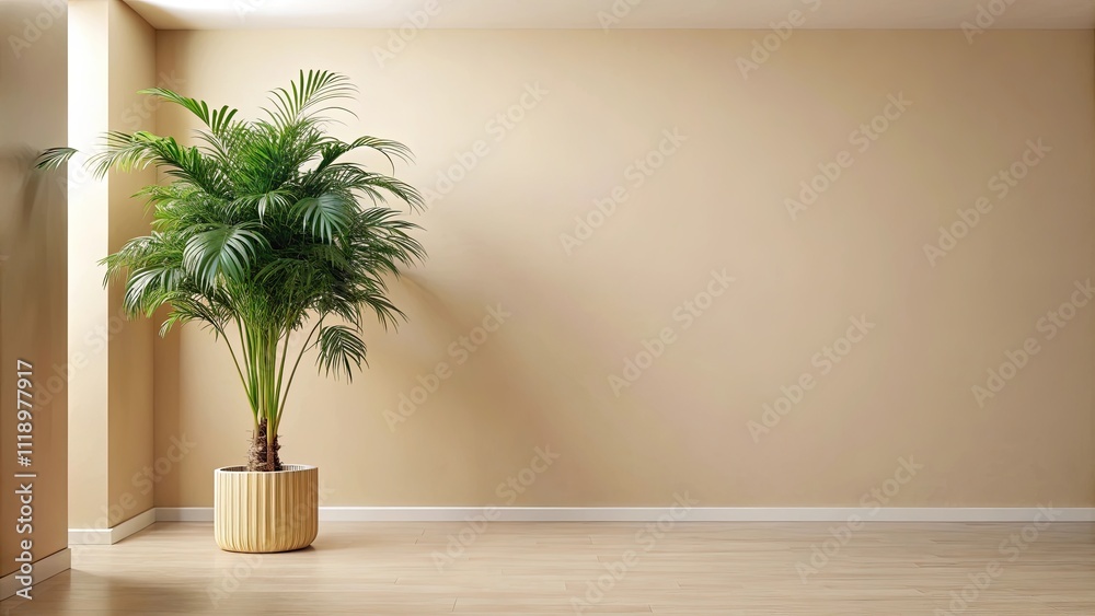 Empty room with tropical tree, pastel beige tones, perfect for product display Empty room with tropical tree, pastel beige tones, perfect for product display